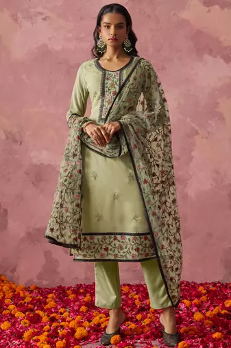 Pastel Green Georgette Thread Embroidered Straight Suit
