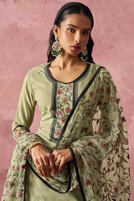 Pastel Green Georgette Thread Embroidered Straight Suit 5