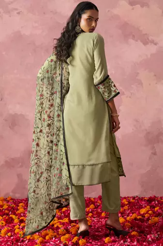 Pastel Green Georgette Thread Embroidered Straight Suit