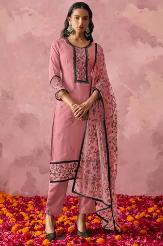 Attractive Pink Thread Embroidery Party Wear Pant Suit