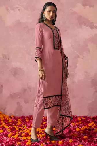 Attractive Pink Thread Embroidery Party Wear Pant Suit
