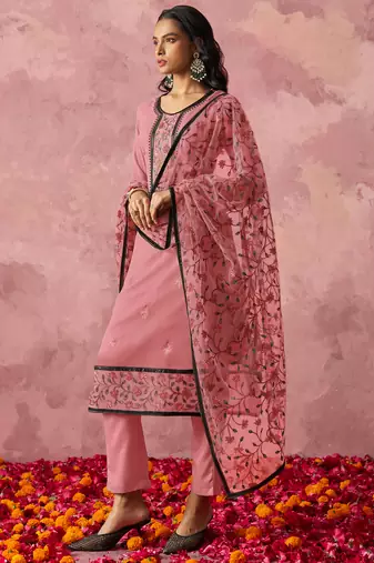 Attractive Pink Thread Embroidery Party Wear Pant Suit