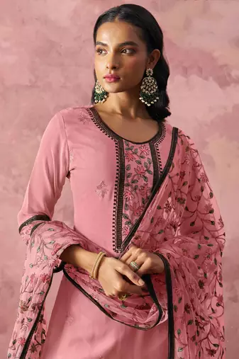 Attractive Pink Thread Embroidery Party Wear Pant Suit