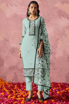 Stunning Sky Blue Thread Embroidered Georgette Straight Suit 1