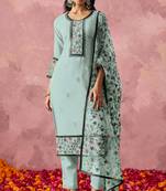 Stunning Sky Blue Thread Embroidered Georgette Straight Suit