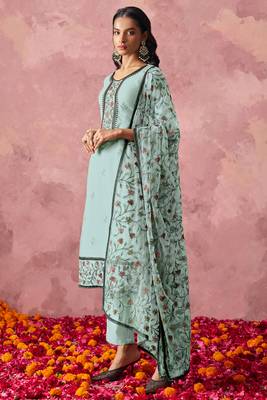 Stunning Sky Blue Thread Embroidered Georgette Straight Suit 2