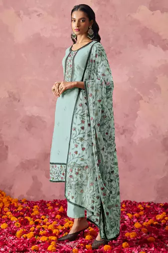 Stunning Sky Blue Thread Embroidered Georgette Straight Suit