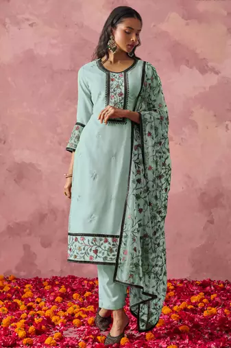 Stunning Sky Blue Thread Embroidered Georgette Straight Suit