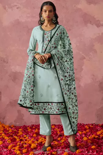 Stunning Sky Blue Thread Embroidered Georgette Straight Suit