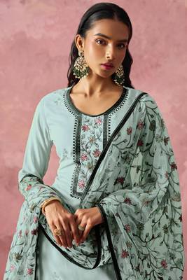 Stunning Sky Blue Thread Embroidered Georgette Straight Suit 5