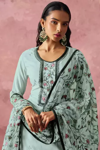 Stunning Sky Blue Thread Embroidered Georgette Straight Suit