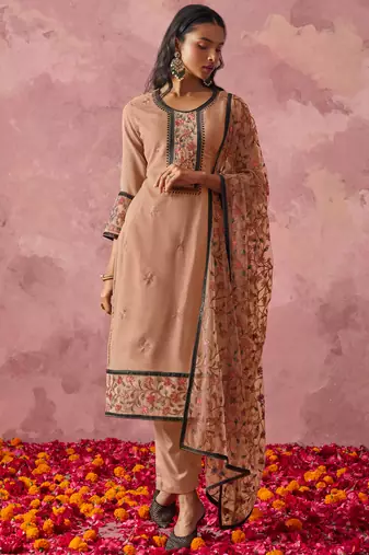 Majestic Beige Thread Embroidered Festive Wear Pant Suit