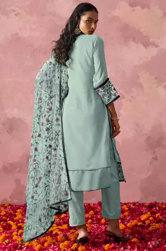 Stunning Sky Blue Thread Embroidered Georgette Straight Suit