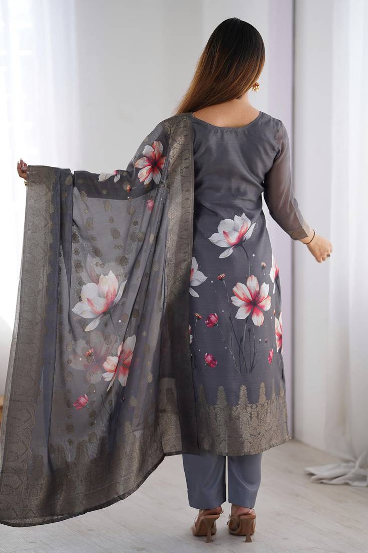 Fascinating Black Organza Digital Printed Traditional Straight Suit