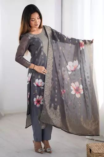 Fascinating Black Organza Digital Printed Traditional Straight Suit