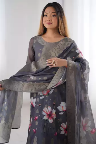 Fascinating Black Organza Digital Printed Traditional Straight Suit