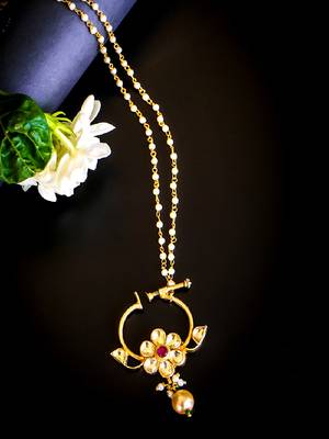 Floral kundan nath with pearl drop & beaded chain 2