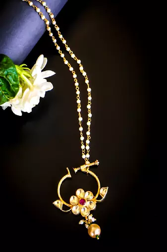 Floral kundan nath with pearl drop & beaded chain