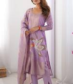 Impressive Lilac Floral Print Organza Festival Wear Pant Suit