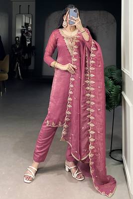 Gleaming Pink Organza Thread Embroidered Festival Wear Straight Suit 1