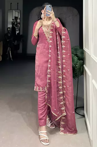 Gleaming Pink Organza Thread Embroidered Festival Wear Straight Suit