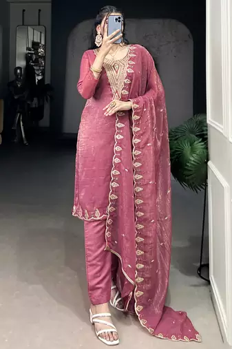 Gleaming Pink Organza Thread Embroidered Festival Wear Straight Suit