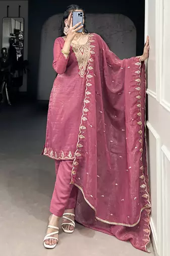 Gleaming Pink Organza Thread Embroidered Festival Wear Straight Suit