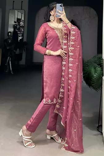 Gleaming Pink Organza Thread Embroidered Festival Wear Straight Suit