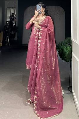 Gleaming Pink Organza Thread Embroidered Festival Wear Straight Suit 6