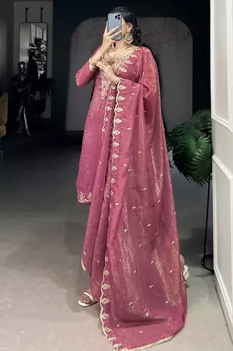 Gleaming Pink Organza Thread Embroidered Festival Wear Straight Suit