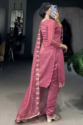 Gleaming Pink Organza Thread Embroidered Festival Wear Straight Suit 7