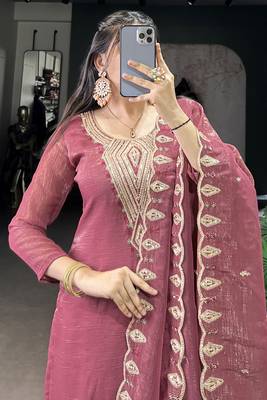 Gleaming Pink Organza Thread Embroidered Festival Wear Straight Suit 8