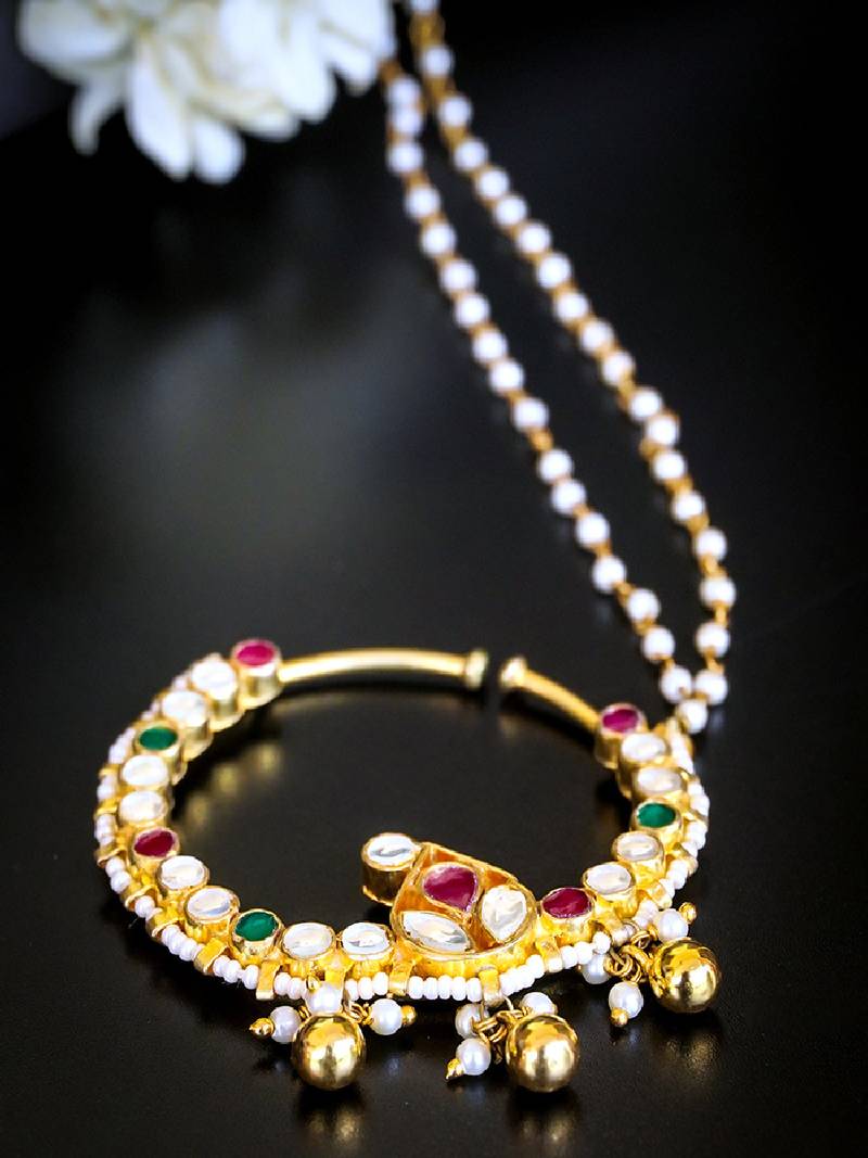 Royal kundan nath with pearl chain