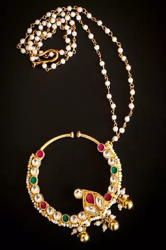 Royal kundan nath with pearl chain