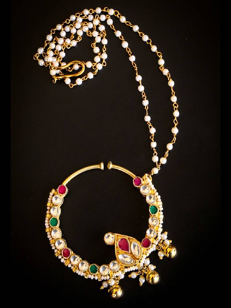 Royal kundan nath with pearl chain