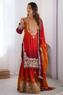 Mesmerizing Orange Chinon Thread Sequins Wedding Wear Sharara Suit 1