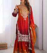 Mesmerizing Orange Chinon Thread Sequins Wedding Wear Sharara Suit
