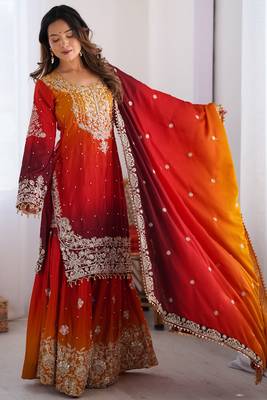Mesmerizing Orange Chinon Thread Sequins Wedding Wear Sharara Suit 2