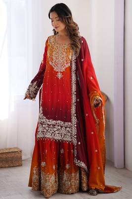 Mesmerizing Orange Chinon Thread Sequins Wedding Wear Sharara Suit 3