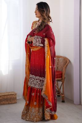 Mesmerizing Orange Chinon Thread Sequins Wedding Wear Sharara Suit 4
