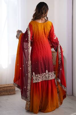 Mesmerizing Orange Chinon Thread Sequins Wedding Wear Sharara Suit 5