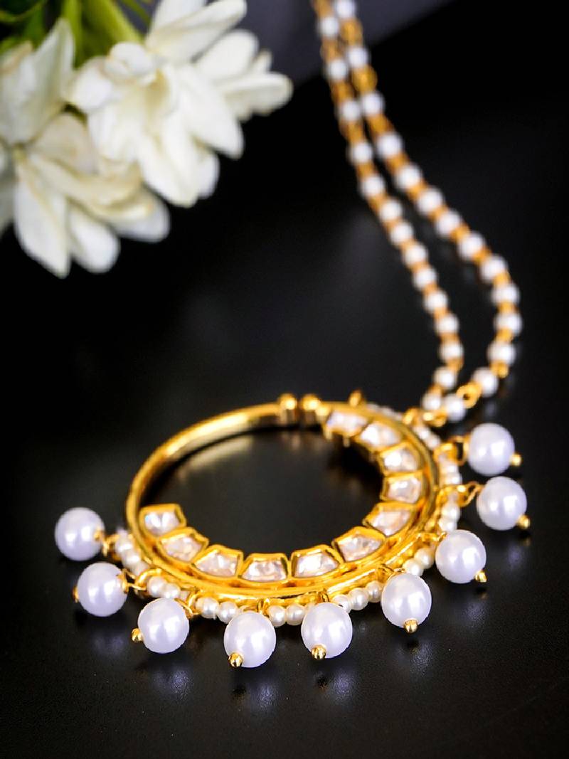 Elegant polki nath with pearl drops