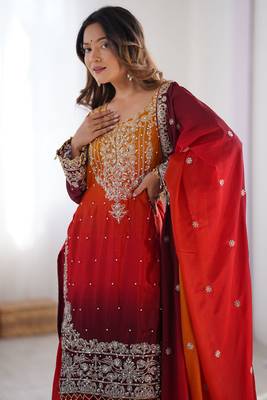 Mesmerizing Orange Chinon Thread Sequins Wedding Wear Sharara Suit 6
