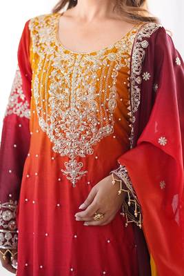 Mesmerizing Orange Chinon Thread Sequins Wedding Wear Sharara Suit 7