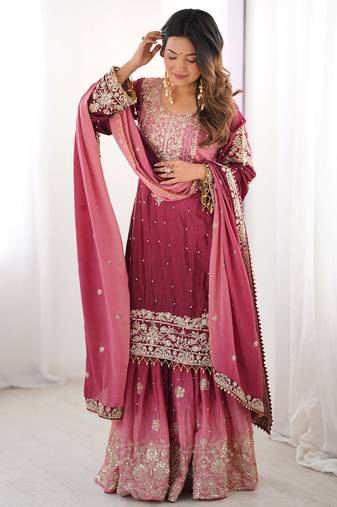 Dazzling Pink Pearl Work Chinon Bridesmaids Sharara Suit