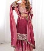Dazzling Pink Pearl Work Chinon Bridesmaids Sharara Suit