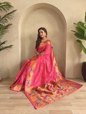 Pink paithani design saree with contrast weaving pallu and blouse 1