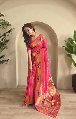 Pink paithani design saree with contrast weaving pallu and blouse 3
