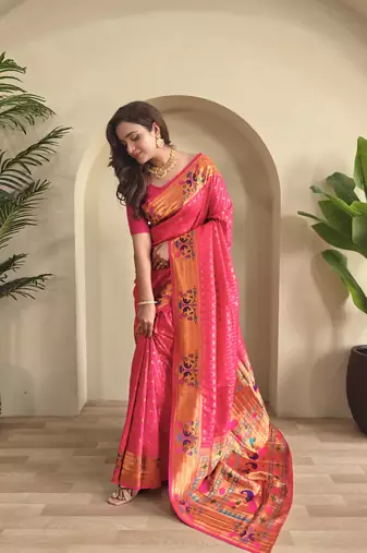 Pink paithani design saree with contrast weaving pallu and blouse