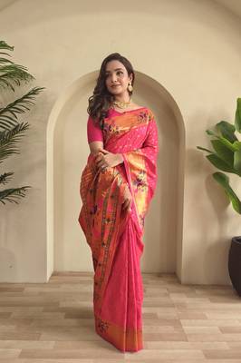 Pink paithani design saree with contrast weaving pallu and blouse 4